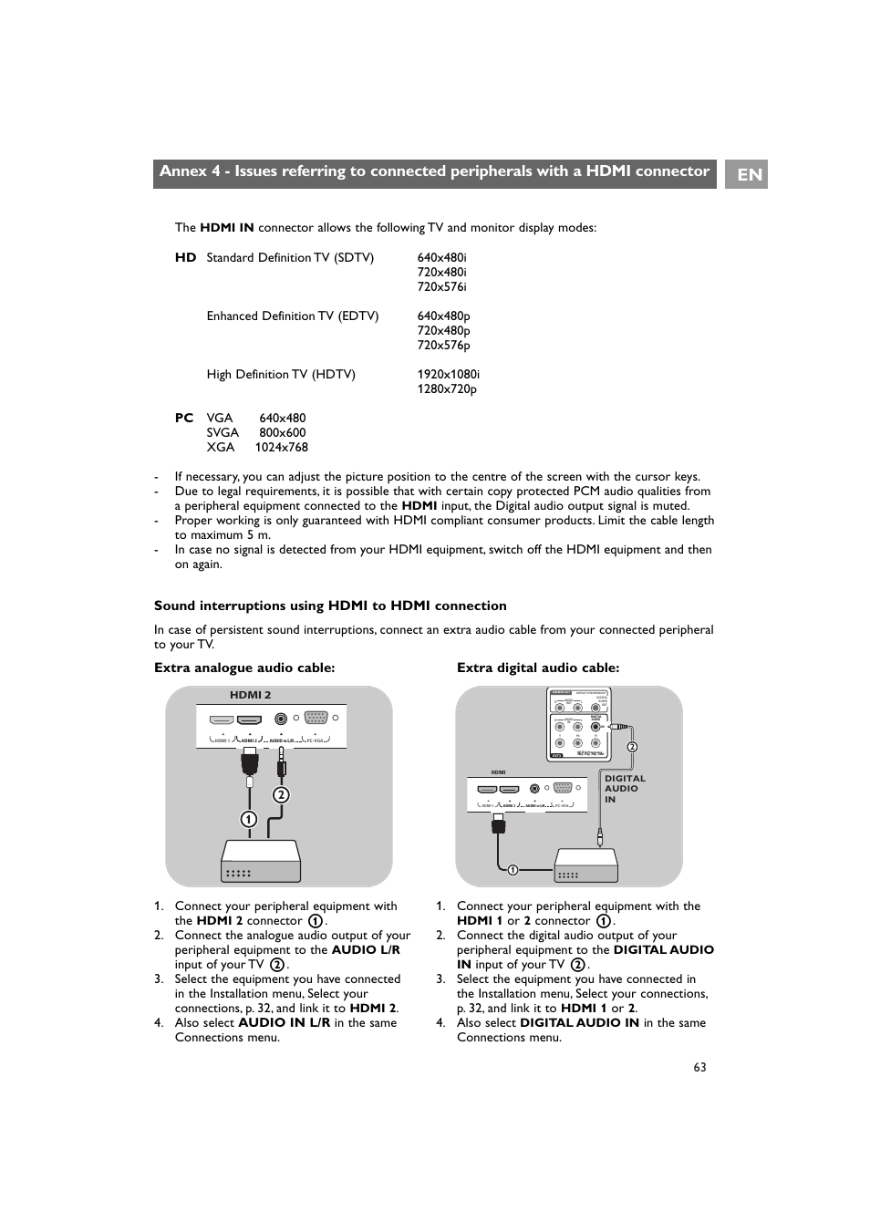 Extra digital audio cable, Connect your peripheral equipment with the, Also select | Philips 42PF9641D/10 User Manual | Page 63 / 65