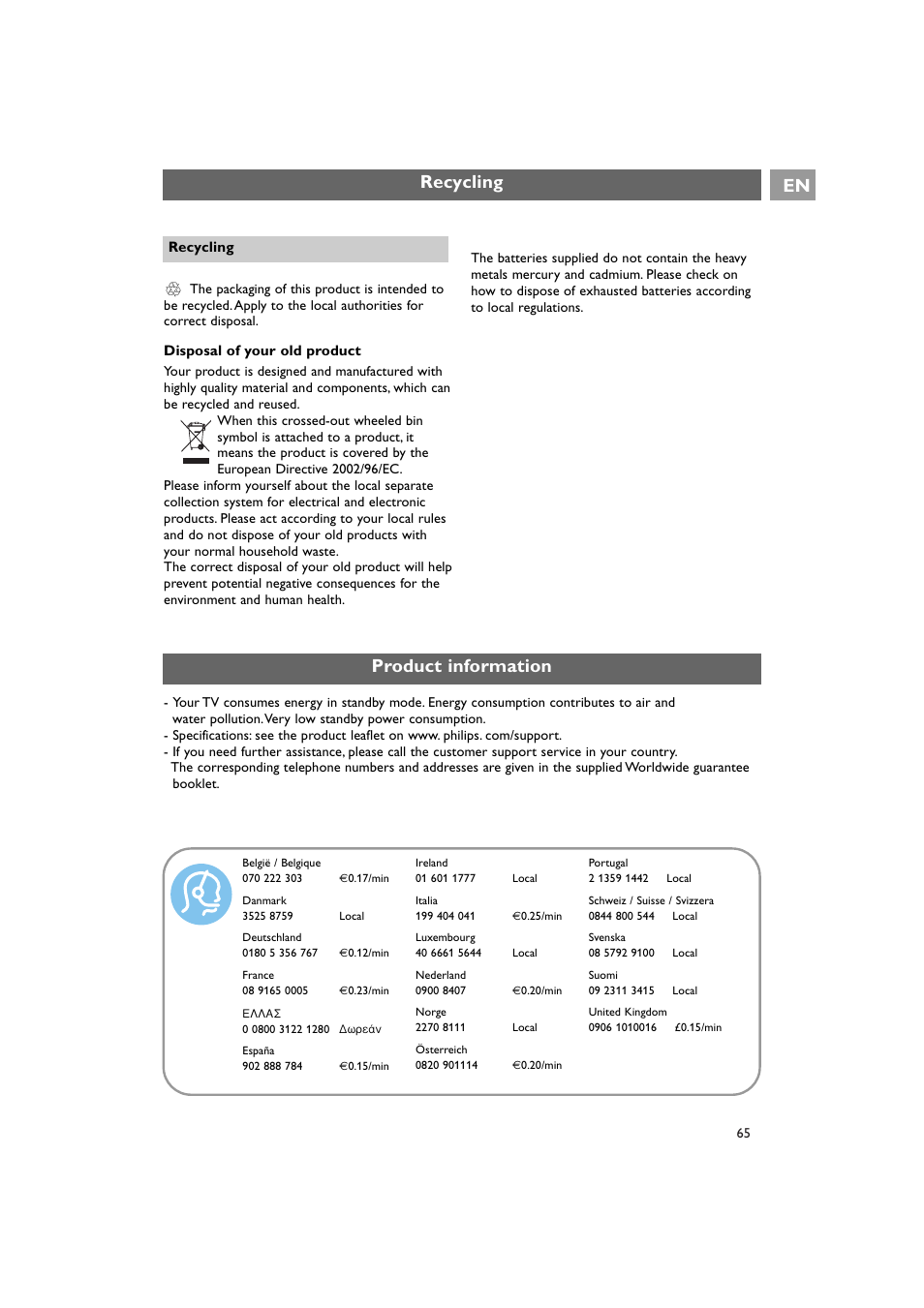 Recycling, Product information | Philips 42PF9641D/10 User Manual | Page 65 / 65