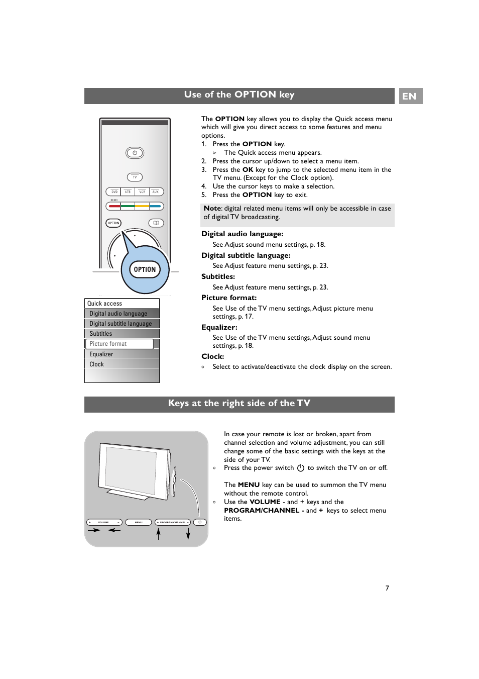 Use of the option key, Keys at the right side of the tv | Philips 42PF9641D/10 User Manual | Page 7 / 65