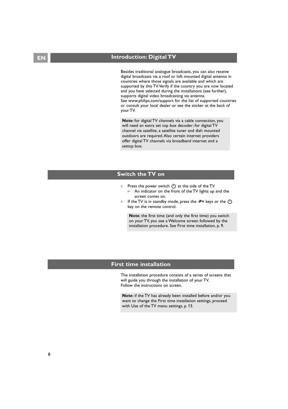 Introduction: digital tv en, Switch the tv on, First time installation | Philips 42PF9641D/10 User Manual | Page 8 / 65