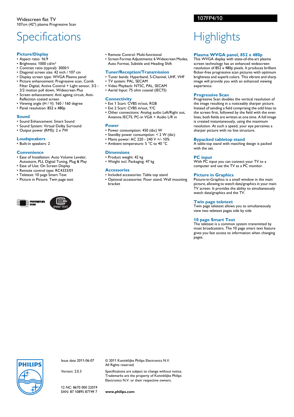 Specifications, Highlights | Philips 107FP4 User Manual | Page 2 / 2