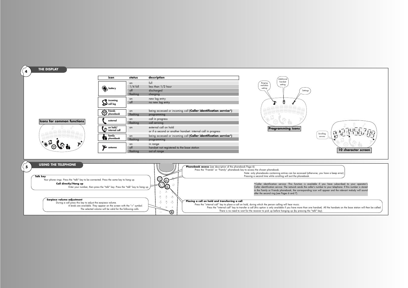 The display, Using the telephone, Programming icons • icons for common functions | Philips Kala Plus 200 User Manual | Page 3 / 7