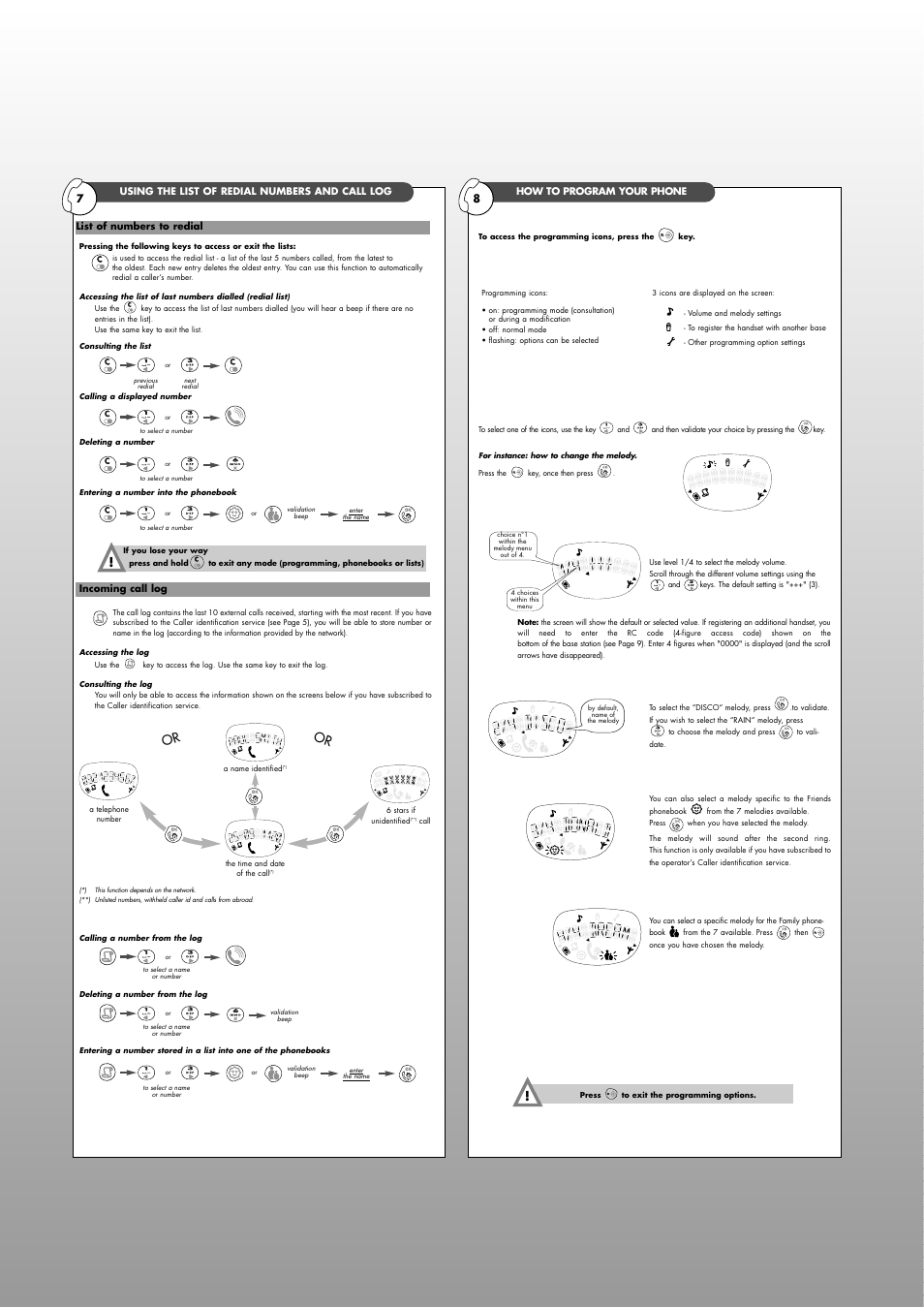 Using the list of redial numbers and call log, How to program your phone, The list of redial numbers and incoming call log | List of numbers to redial • incoming call log, Example: selecting and navigating, Incoming call log or list of redial numbers), How to program | Philips Kala Plus 200 User Manual | Page 5 / 7