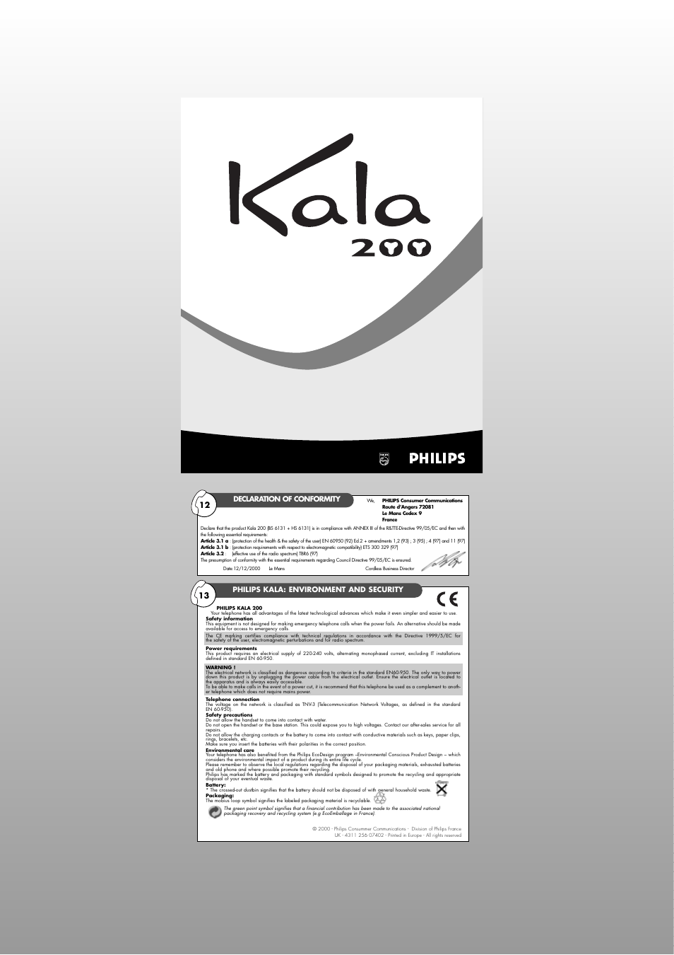 Declaration of conformity, Philips kala: environment and security, Environment and security | Philips Kala Plus 200 User Manual | Page 7 / 7
