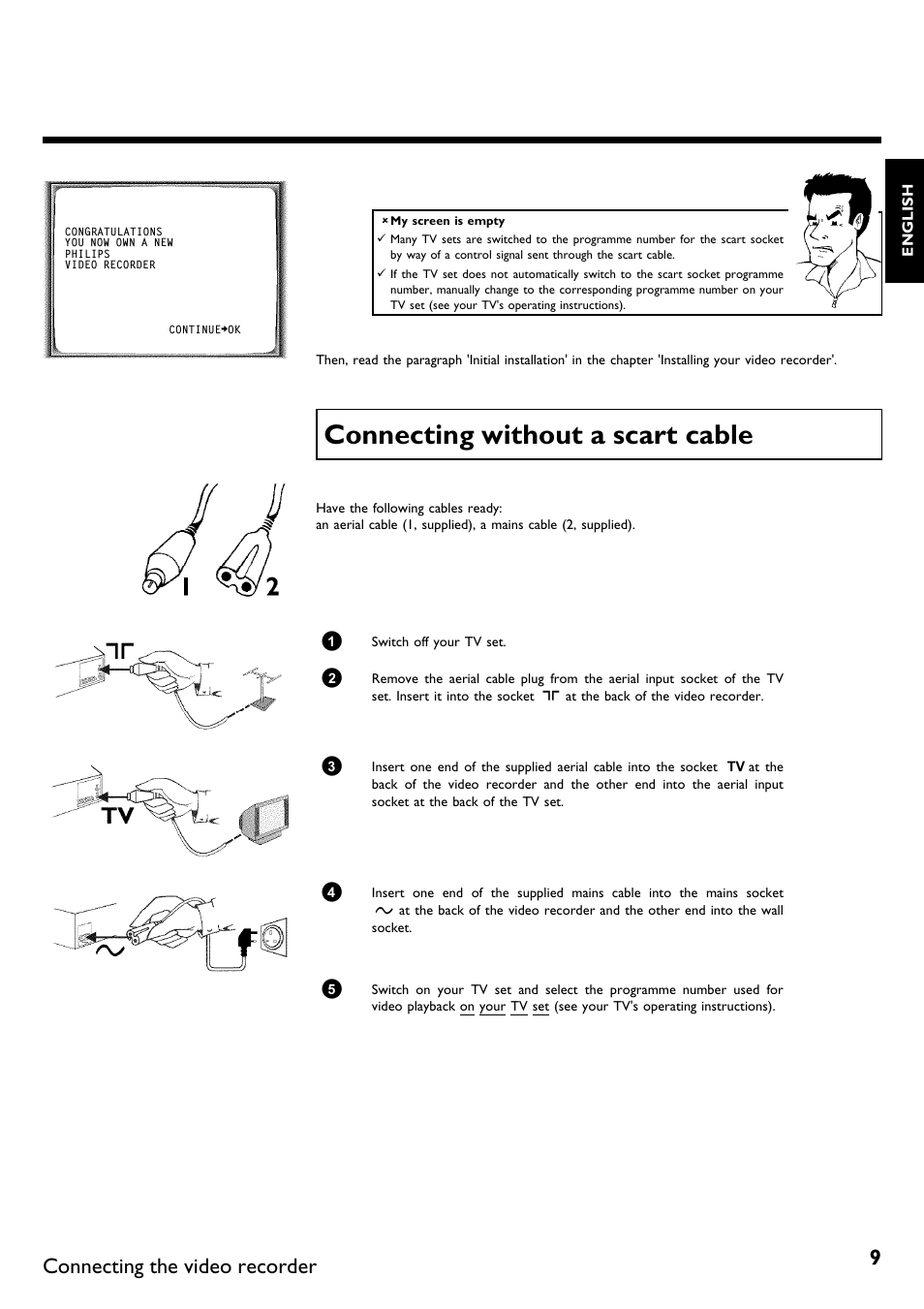 Connecting without a scart cable, Connecting the video recorder | Philips DVR User Manual | Page 13 / 51