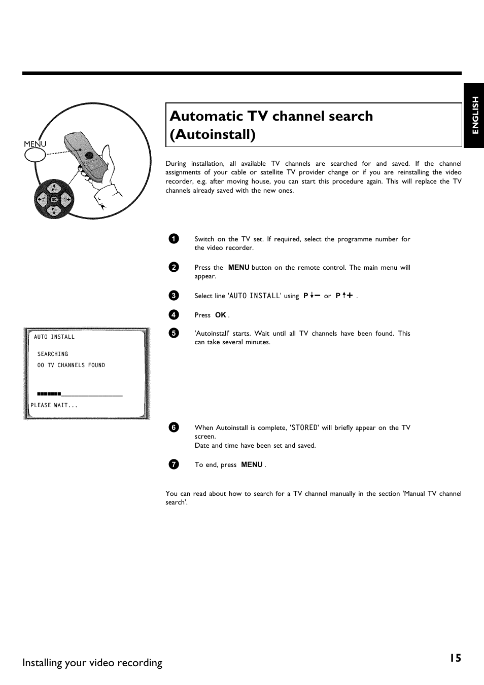 Automatic tv channel search (autoinstall), Installing your video recording | Philips DVR User Manual | Page 19 / 51