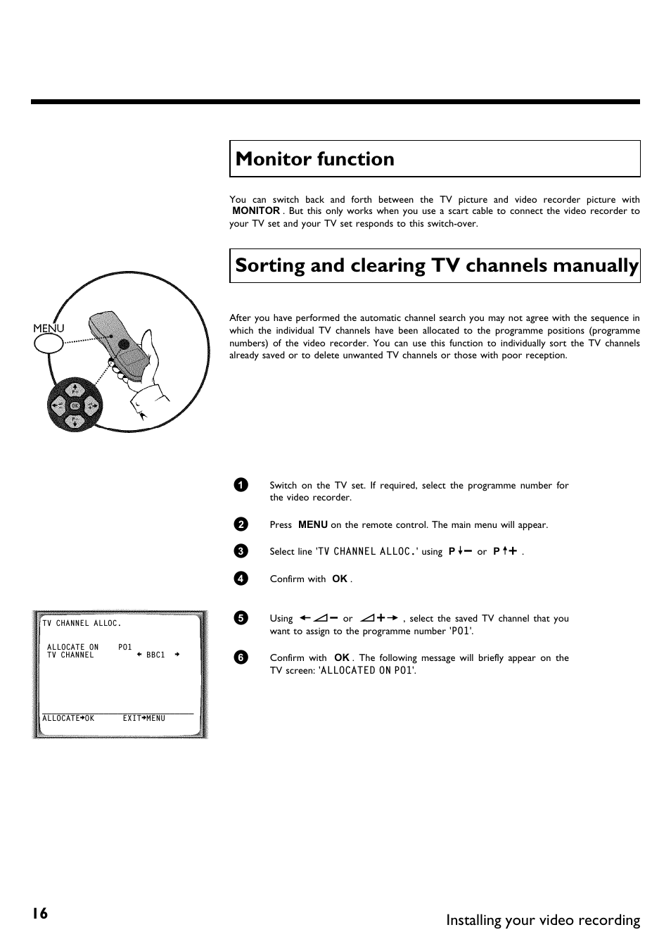 Monitor function, Sorting and clearing tv channels manually, Sorting and clearing tv channelsmanually | Installing your video recording | Philips DVR User Manual | Page 20 / 51