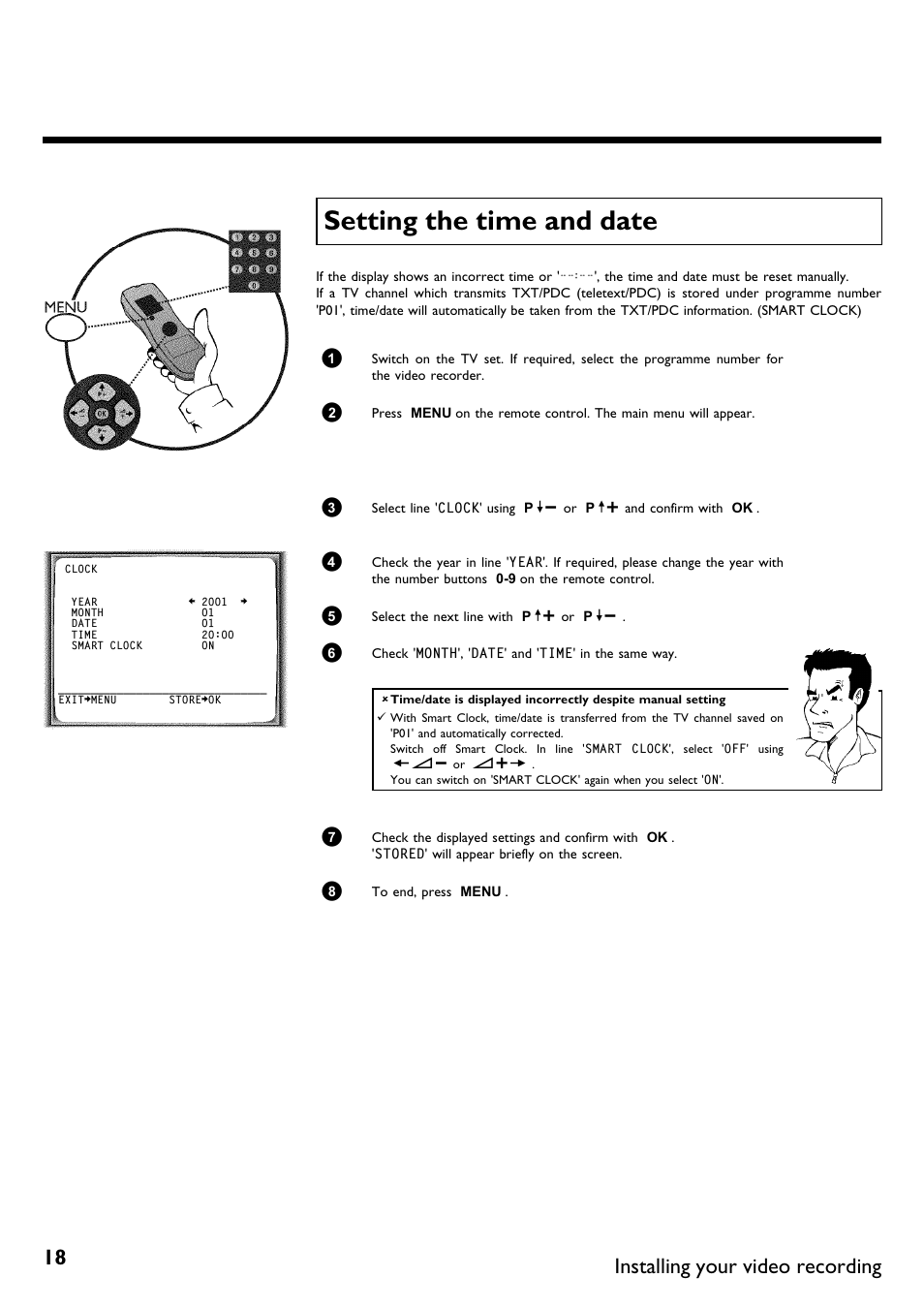 Setting the time and date, Installing your video recording | Philips DVR User Manual | Page 22 / 51