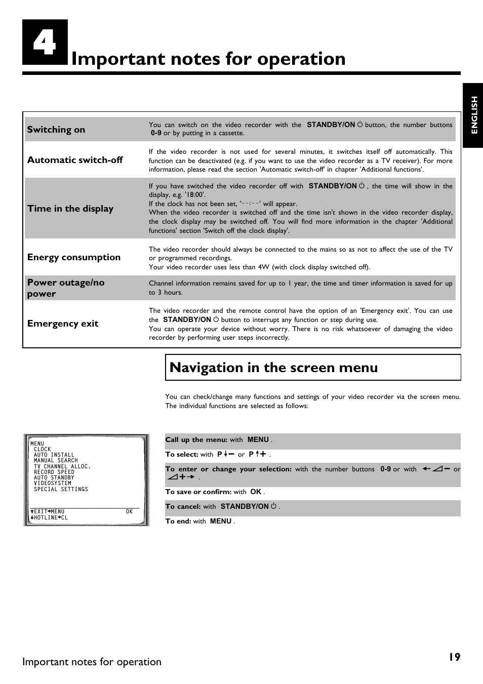 Important notesfor operation, Navigation in the screen menu | Philips DVR User Manual | Page 23 / 51