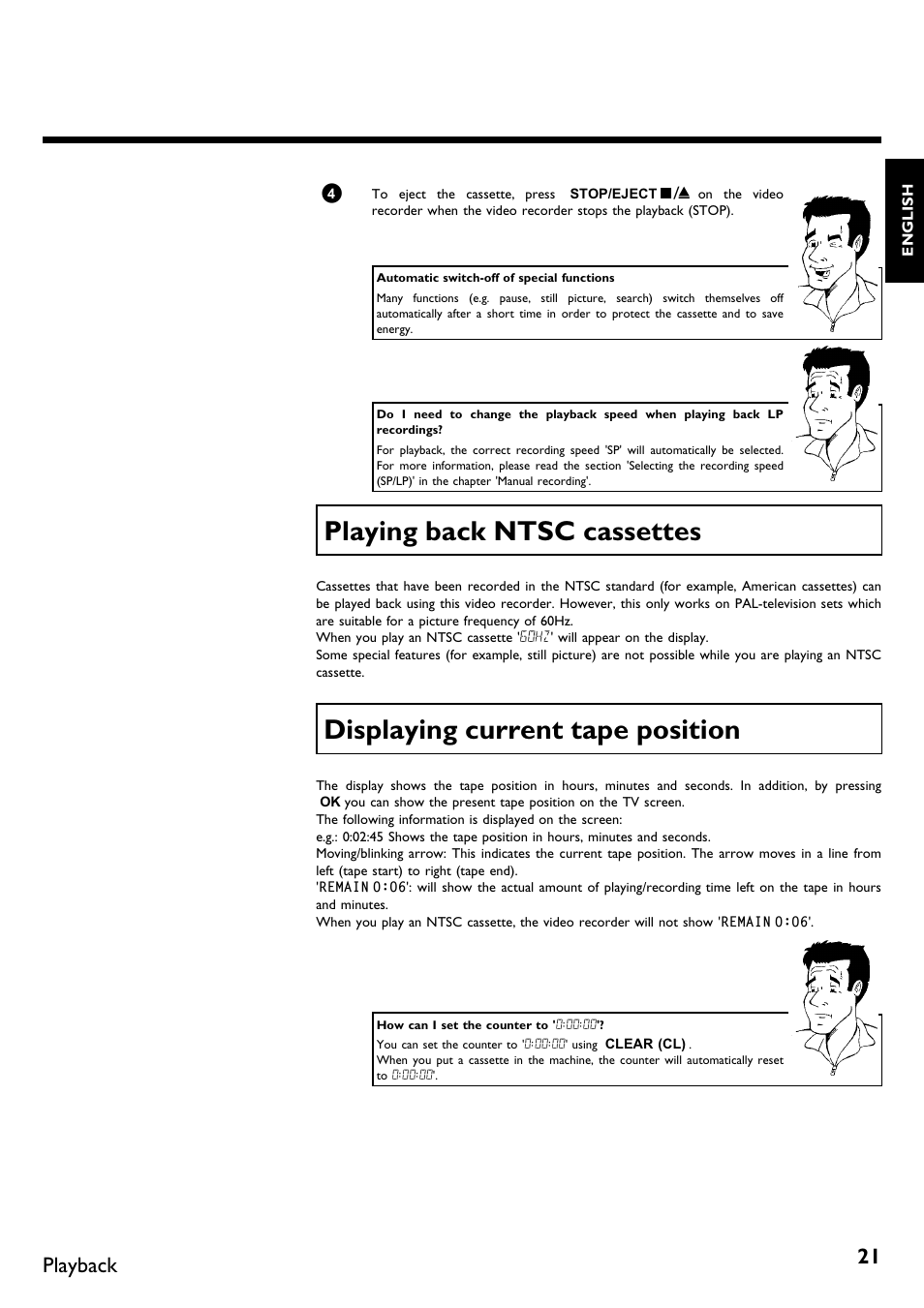 Playing back ntsc cassettes, Displaying current tape position, Playback | Philips DVR User Manual | Page 25 / 51