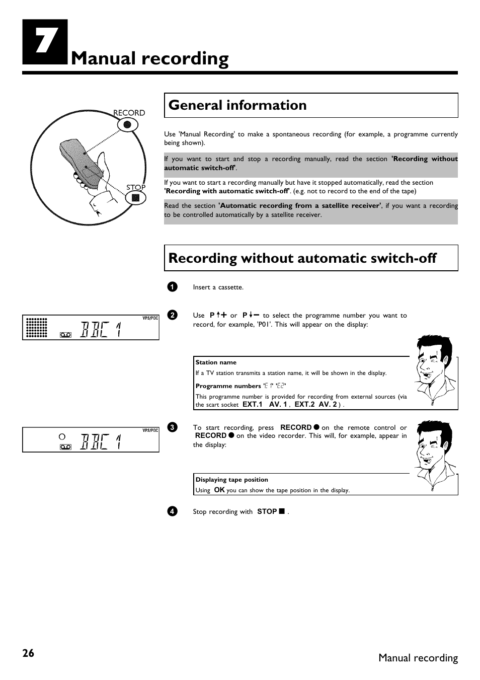 Manual recording, General information, Recording without automatic switch-off | Bbc1, Recording without automatic switch off | Philips DVR User Manual | Page 30 / 51