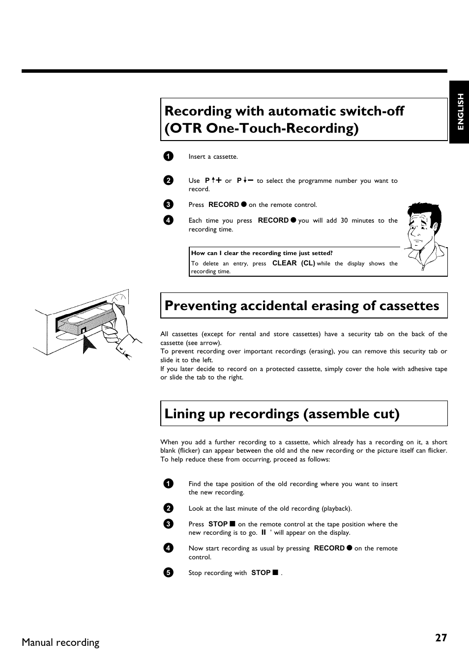 Preventing accidental erasing of cassettes, Lining up recordings (assemble cut), Manual recording | Philips DVR User Manual | Page 31 / 51