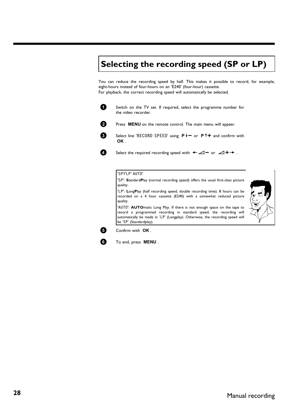 Selecting the recording speed (sp or lp), Manual recording | Philips DVR User Manual | Page 32 / 51