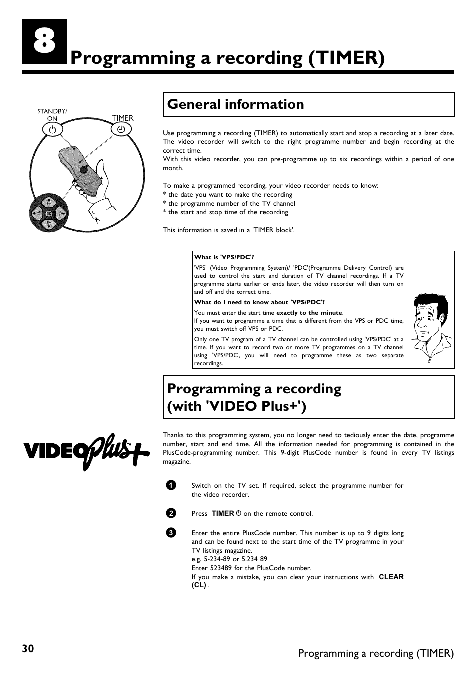 Programming a recording, Timer), General information | Programming a recording (with 'video plus+'), Programming a recording (timer) | Philips DVR User Manual | Page 34 / 51