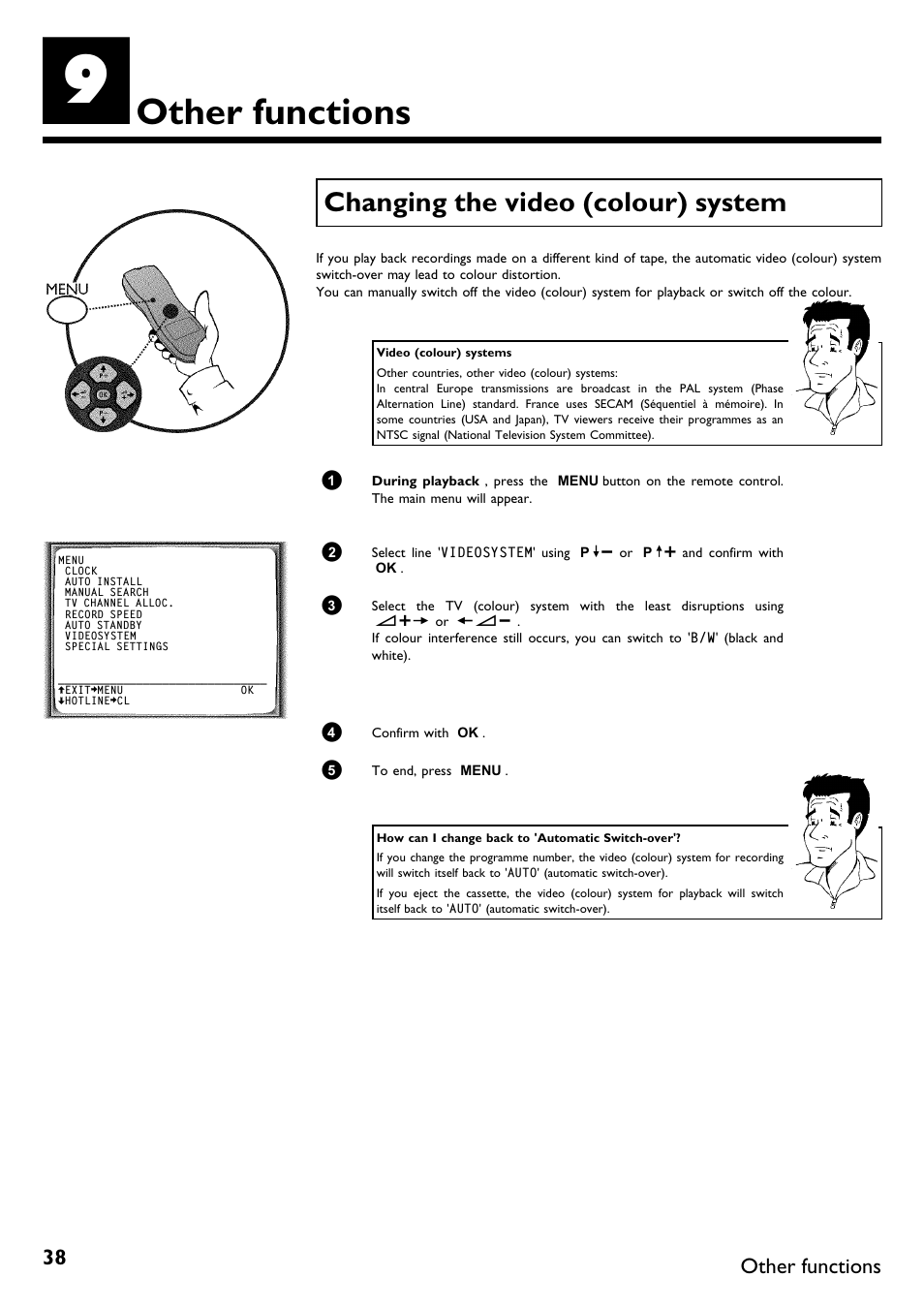 Other functions38, Changing the video (colour) system, Other functions | Philips DVR User Manual | Page 42 / 51