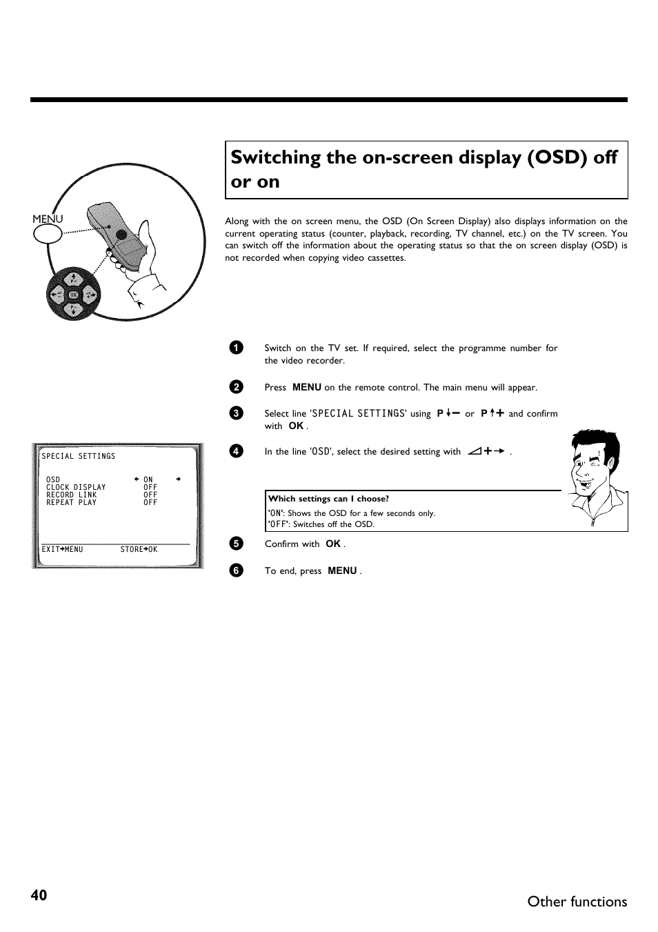 Switching the on-screen display (osd) off or on, Switching the on screen display (osd) off or on, Other functions | Philips DVR User Manual | Page 44 / 51