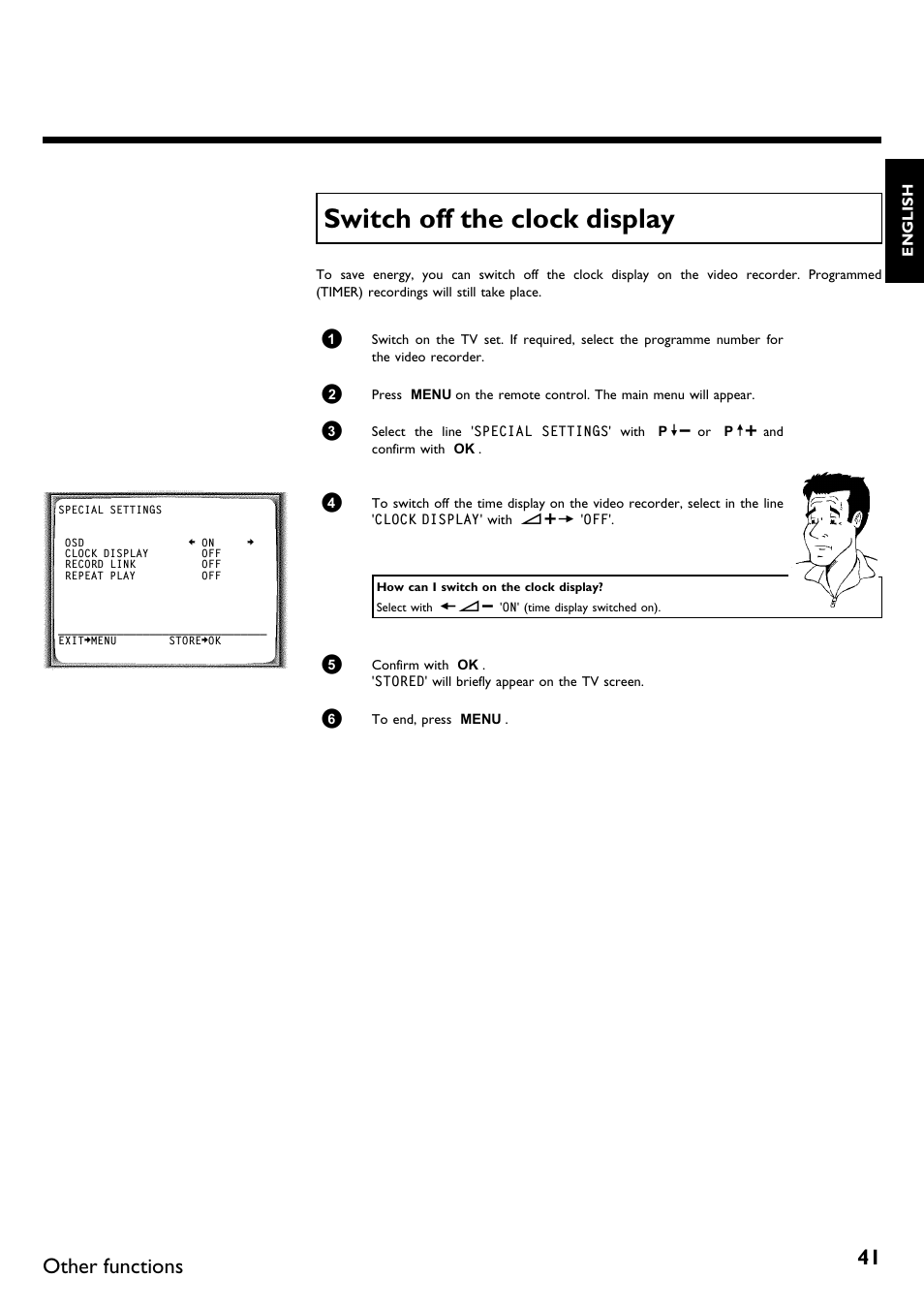 Switch off the clock display, Other functions | Philips DVR User Manual | Page 45 / 51