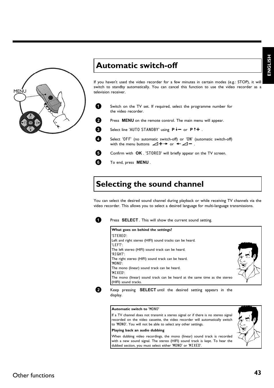 Automatic switch-off, Selecting the sound channel, Automatic switch off | Other functions | Philips DVR User Manual | Page 47 / 51