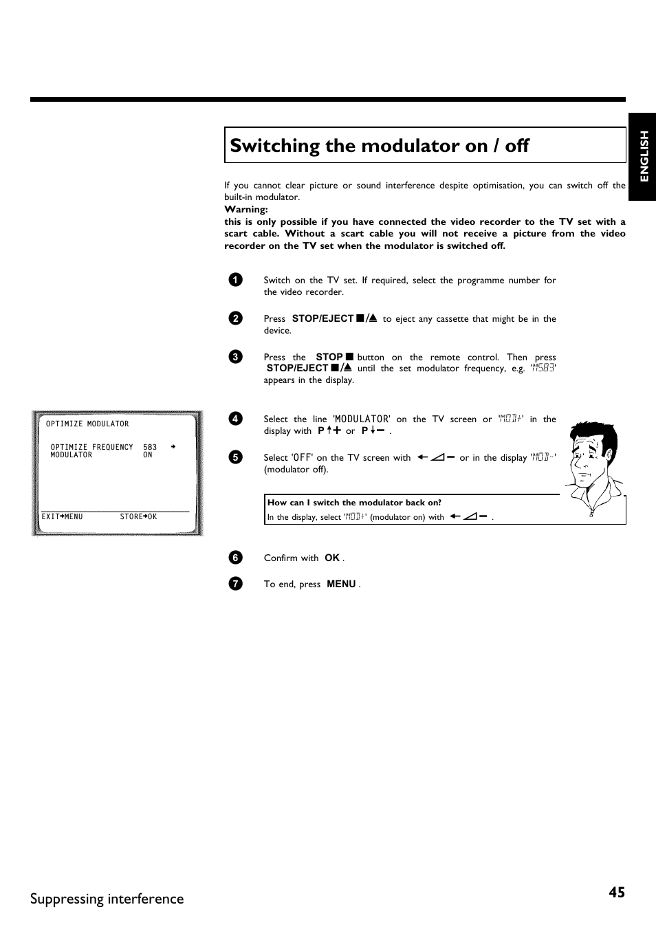 Switching the modulator on / off, Suppressing interference | Philips DVR User Manual | Page 49 / 51