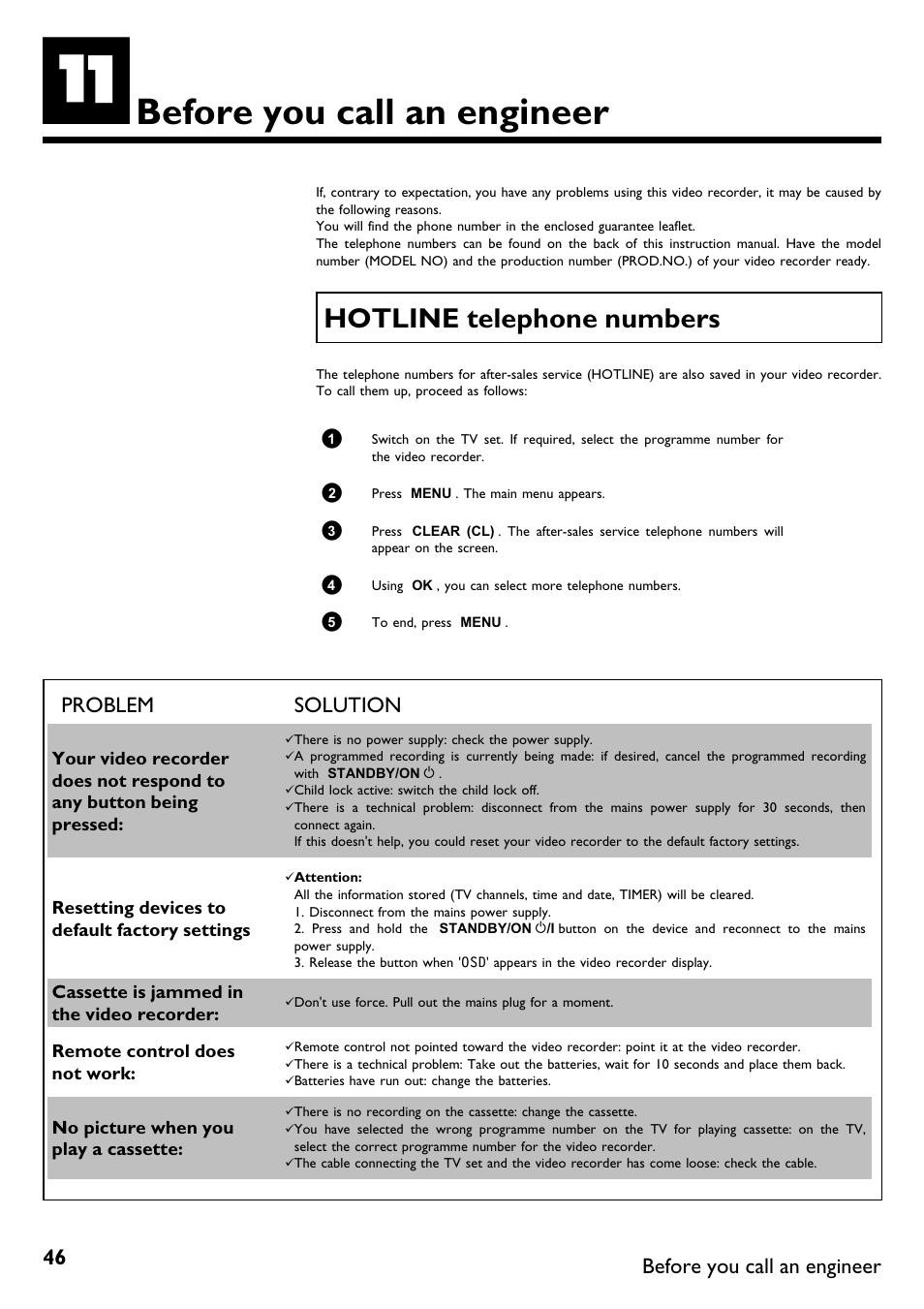 Before you call an engineer, Hotline telephone numbers, Problem solution | Philips DVR User Manual | Page 50 / 51