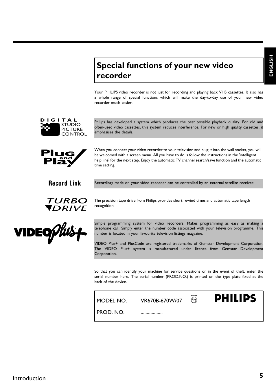 Special functions of your new video recorder, Special functionsof your new video recorder, Introduction | Philips DVR User Manual | Page 9 / 51