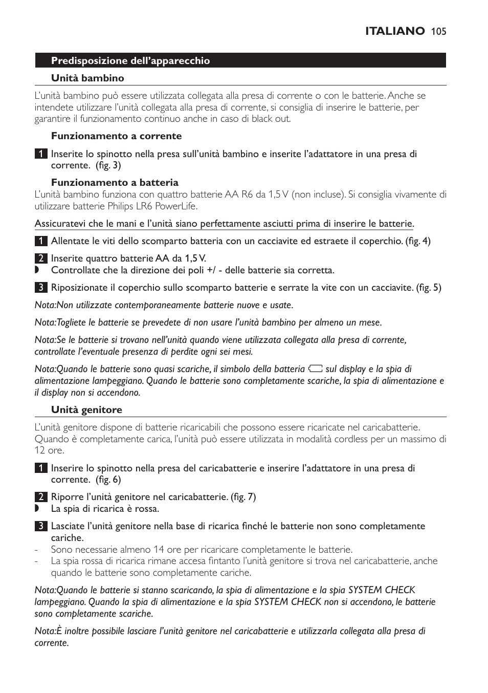 Predisposizione dell’apparecchio, Unità bambino, Funzionamento a corrente | Funzionamento a batteria, Unità genitore | Philips SCD 469 User Manual | Page 105 / 188