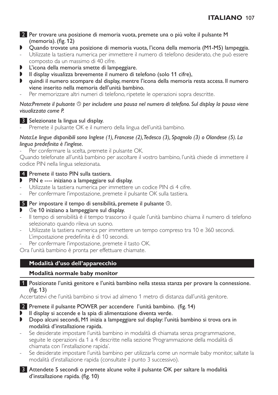 Modalità d’uso dell’apparecchio, Modalità normale baby monitor | Philips SCD 469 User Manual | Page 107 / 188