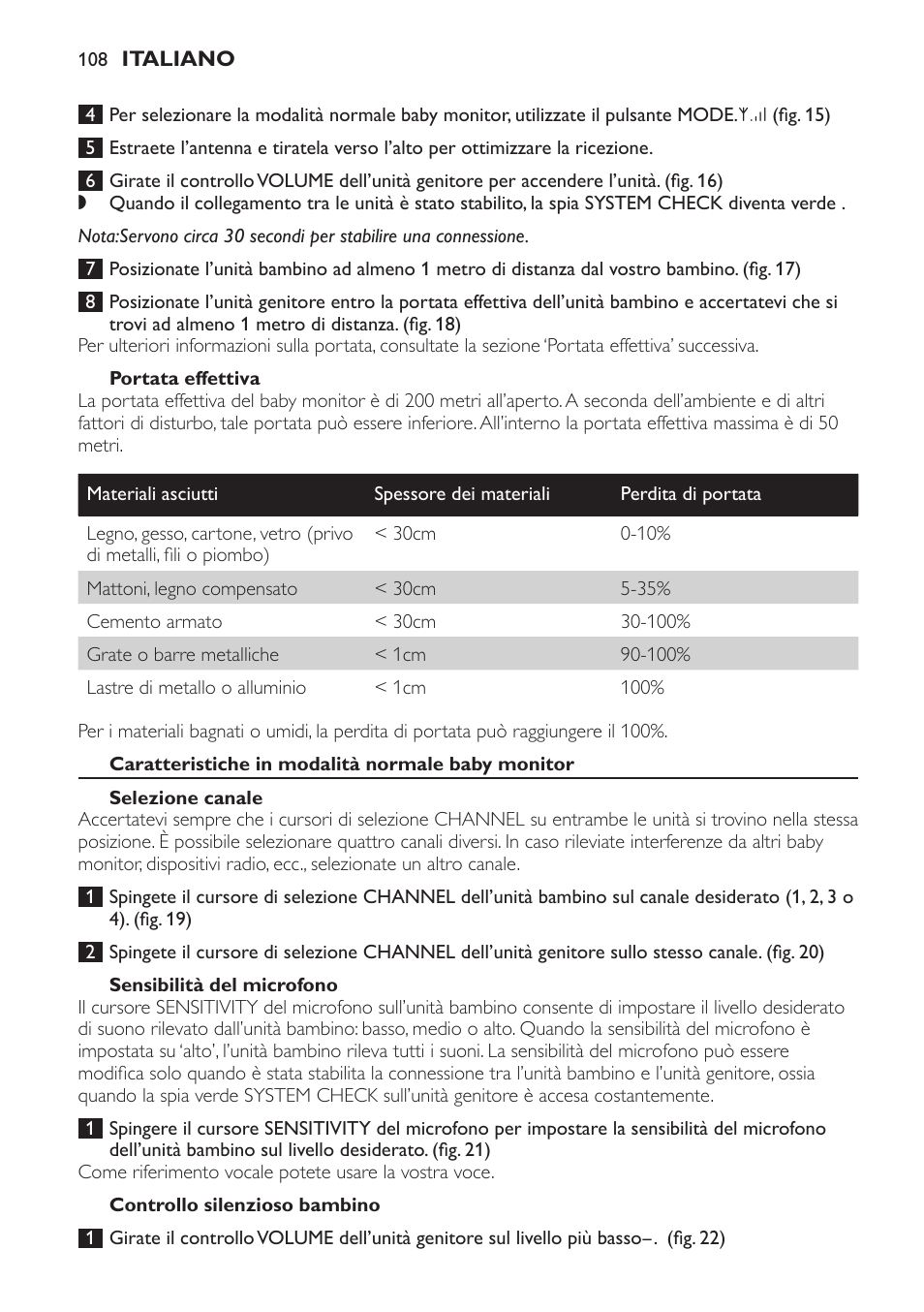 Portata effettiva, Caratteristiche in modalità normale baby monitor, Selezione canale | Sensibilità del microfono, Controllo silenzioso bambino | Philips SCD 469 User Manual | Page 108 / 188