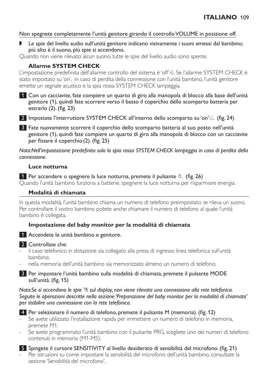 Allarme system check, Luce notturna, Modalità di chiamata | Philips SCD 469 User Manual | Page 109 / 188