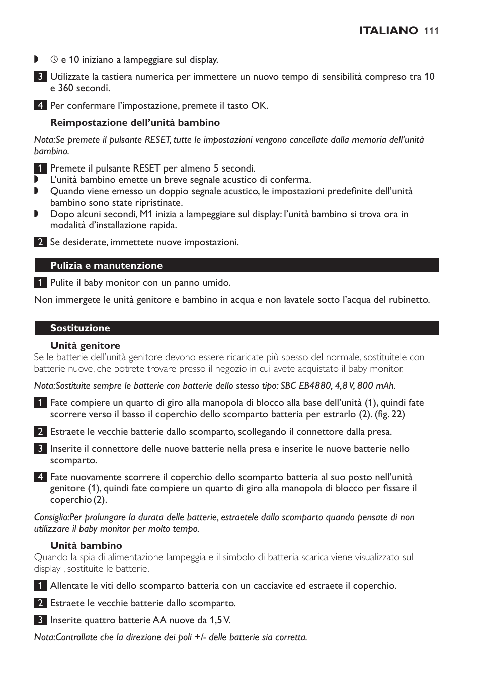 Reimpostazione dell’unità bambino, Unità genitore, Unità bambino | Pulizia e manutenzione, Sostituzione | Philips SCD 469 User Manual | Page 111 / 188