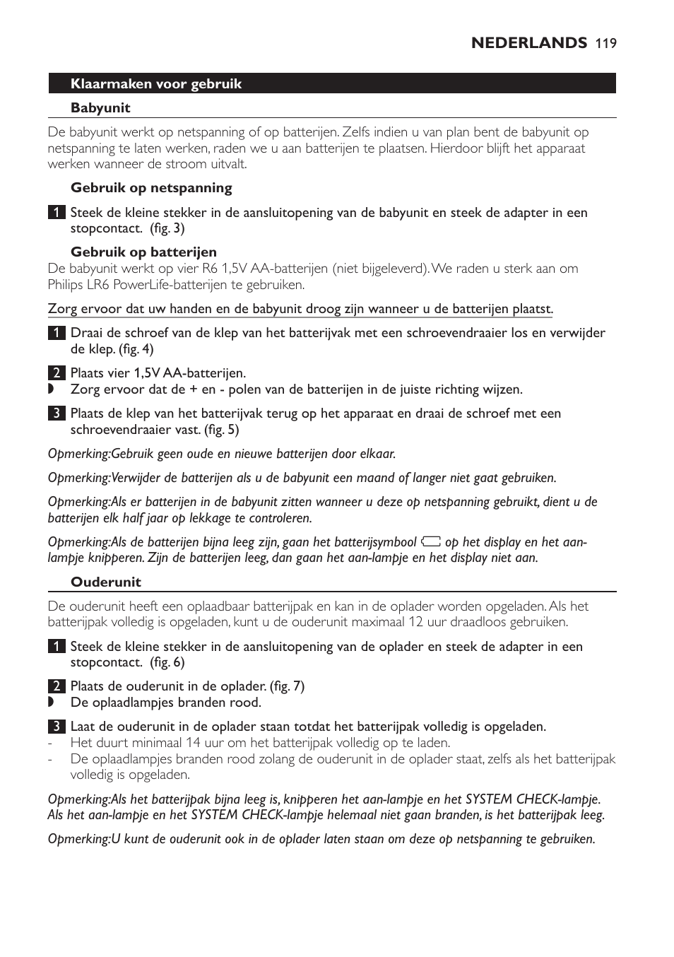 Klaarmaken voor gebruik, Babyunit, Gebruik op netspanning | Gebruik op batterijen, Ouderunit, Klaarmaken voor belmodus | Philips SCD 469 User Manual | Page 119 / 188