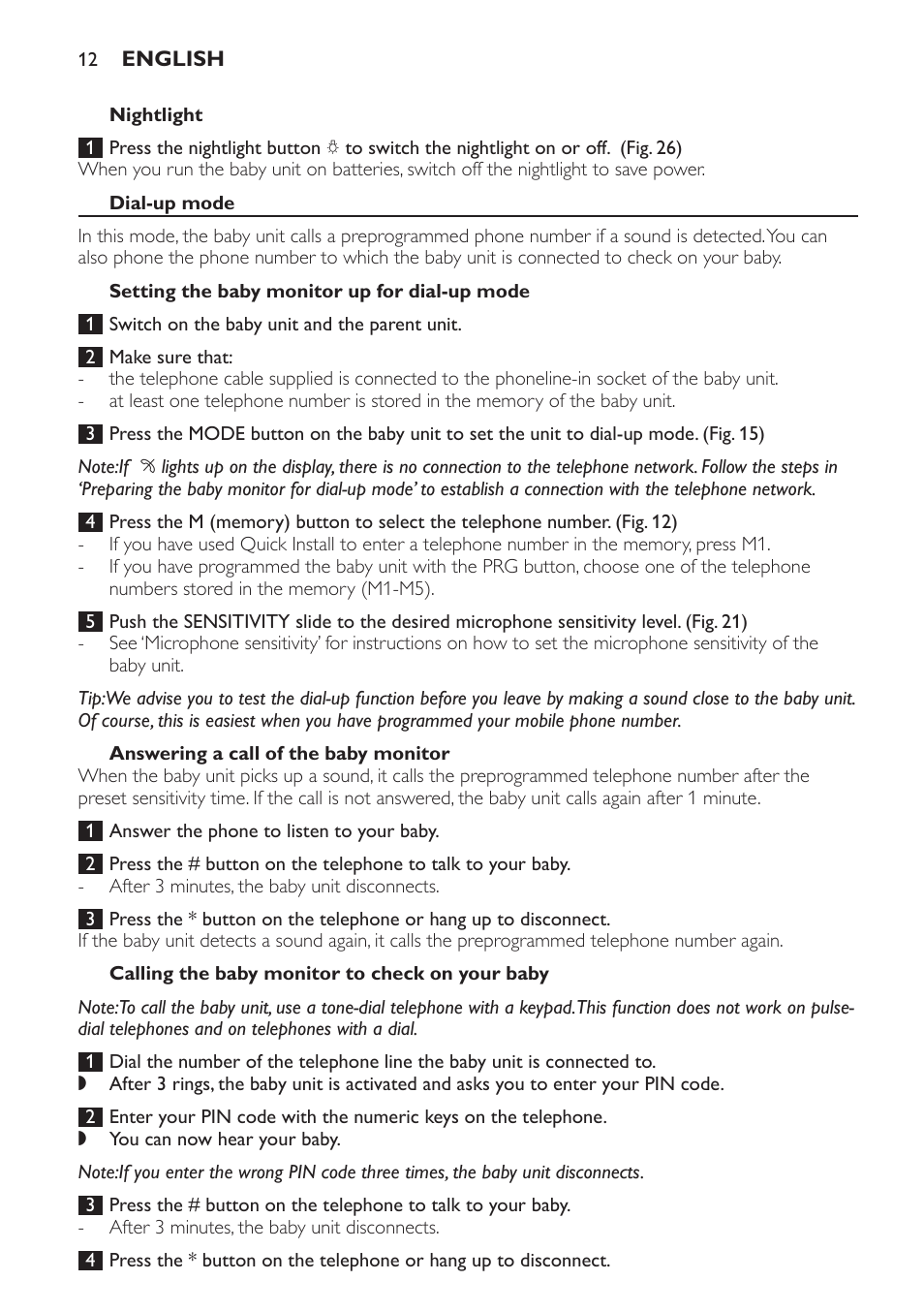 Nightlight, Dial-up mode, Setting the baby monitor up for dial-up mode | Answering a call of the baby monitor, Calling the baby monitor to check on your baby | Philips SCD 469 User Manual | Page 12 / 188
