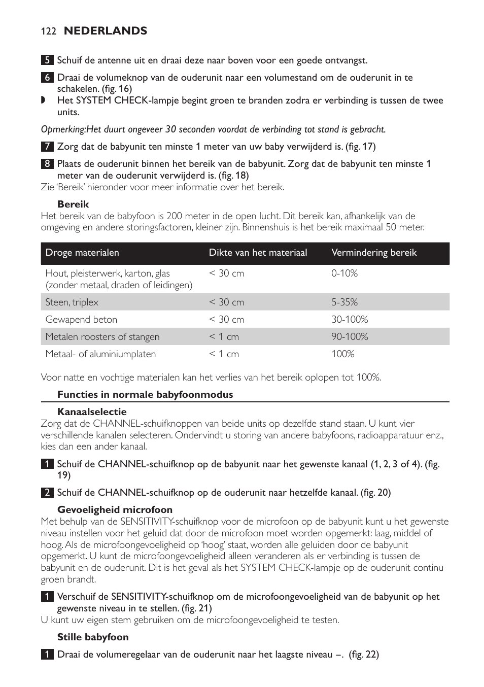 Bereik, Functies in normale babyfoonmodus, Kanaalselectie | Gevoeligheid microfoon, Stille babyfoon | Philips SCD 469 User Manual | Page 122 / 188