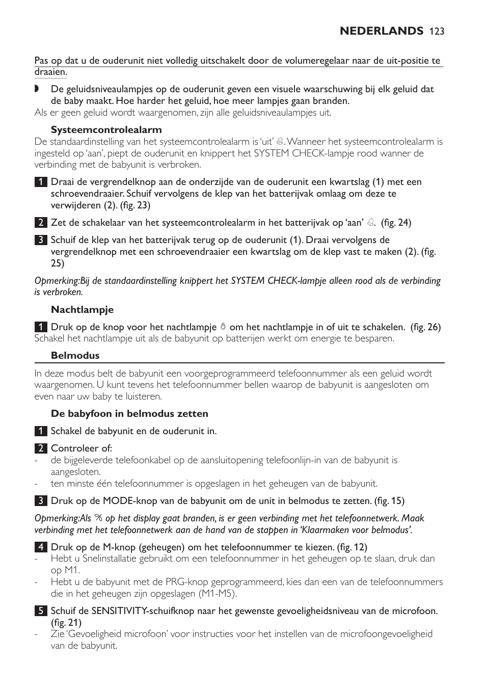 Systeemcontrolealarm, Nachtlampje, Belmodus | De babyfoon in belmodus zetten, Een oproep van de babyfoon beantwoorden | Philips SCD 469 User Manual | Page 123 / 188
