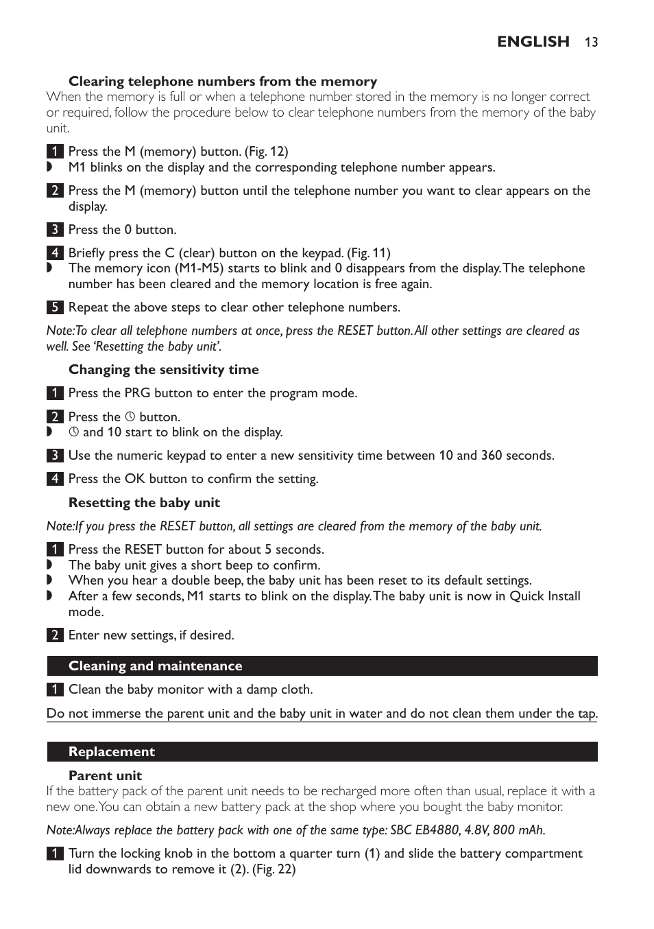 Clearing telephone numbers from the memory, Changing the sensitivity time, Resetting the baby unit | Parent unit, Cleaning and maintenance, Replacement | Philips SCD 469 User Manual | Page 13 / 188