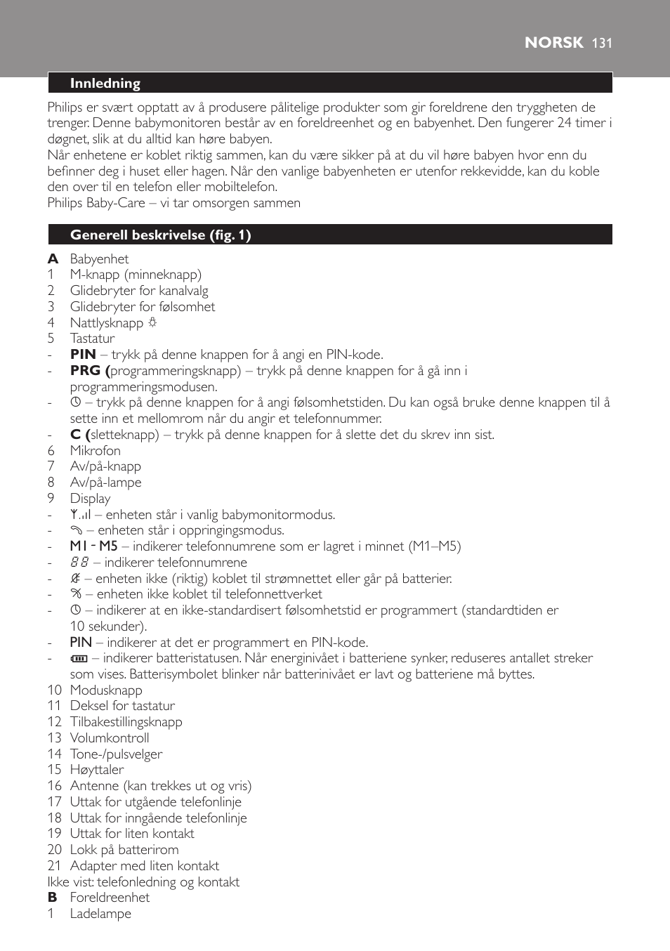 Norsk, Innledning, Generell beskrivelse﻿ (fig. 1) | Philips SCD 469 User Manual | Page 131 / 188