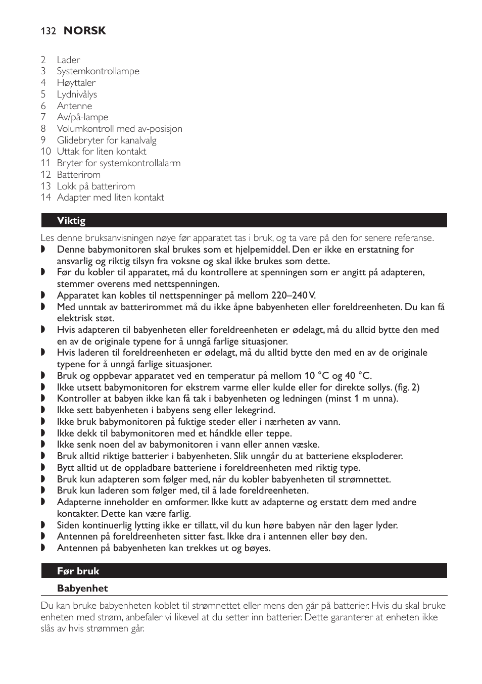 Viktig, Før bruk, Babyenhet | Drift med strøm | Philips SCD 469 User Manual | Page 132 / 188