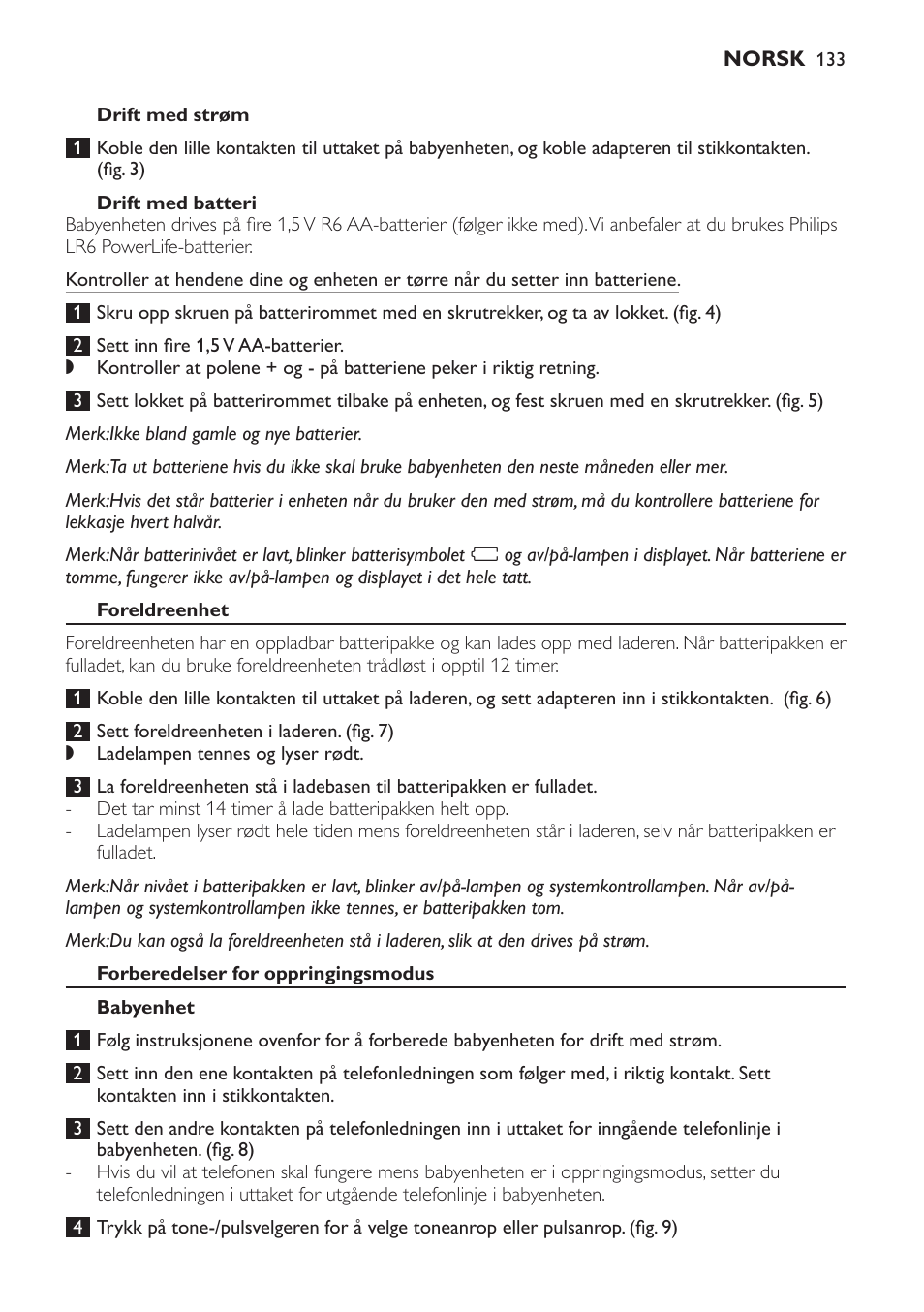Drift med batteri, Foreldreenhet, Forberedelser for oppringingsmodus | Babyenhet | Philips SCD 469 User Manual | Page 133 / 188