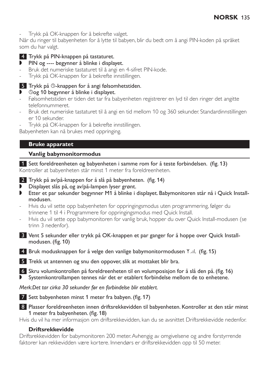 Bruke apparatet, Vanlig babymonitormodus, Driftsrekkevidde | Philips SCD 469 User Manual | Page 135 / 188