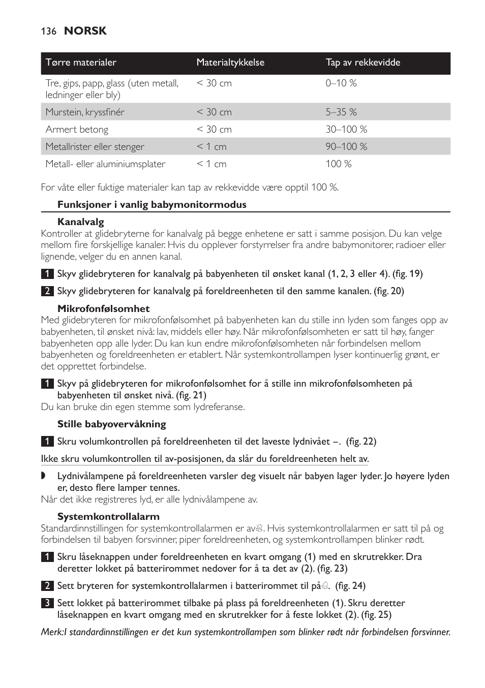 Funksjoner i vanlig babymonitormodus, Kanalvalg, Mikrofonfølsomhet | Stille babyovervåkning, Systemkontrollalarm, Nattlys | Philips SCD 469 User Manual | Page 136 / 188