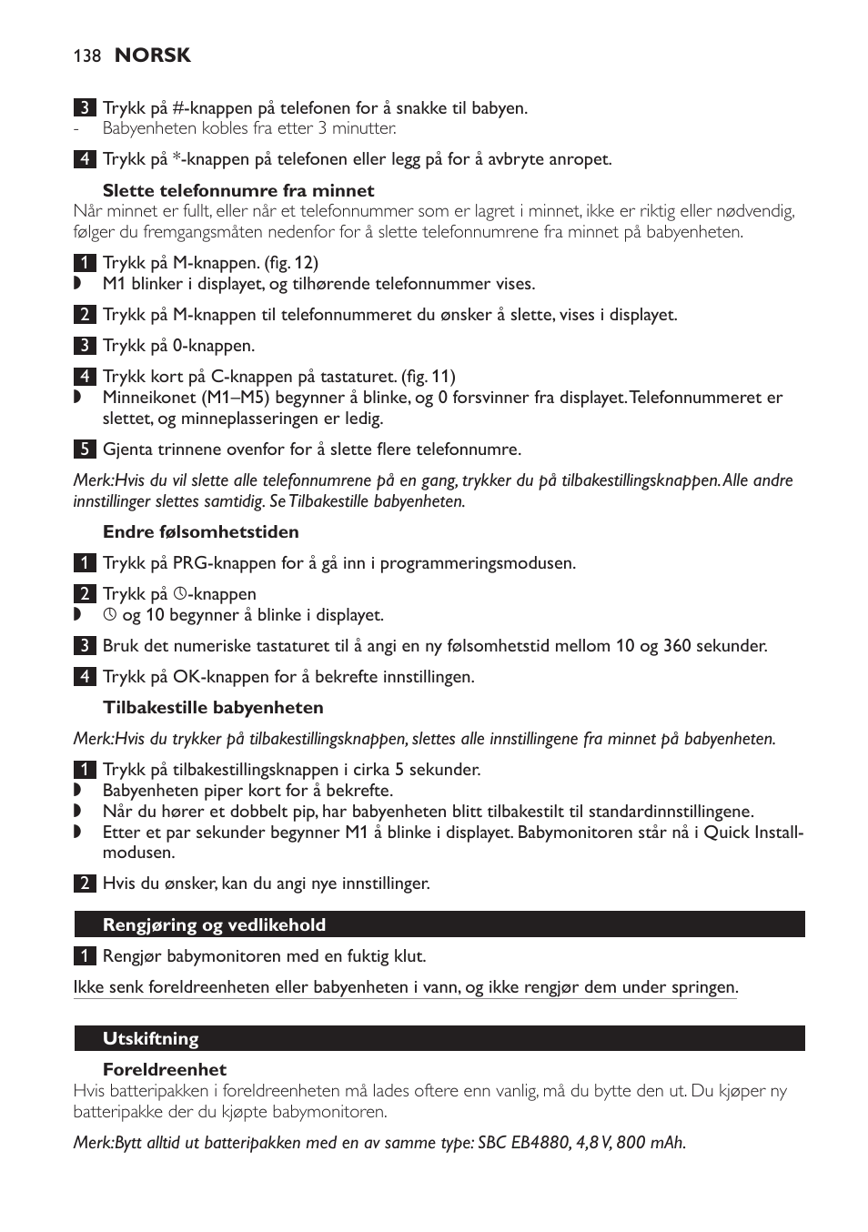 Slette telefonnumre fra minnet, Endre følsomhetstiden, Tilbakestille babyenheten | Foreldreenhet, Rengjøring og vedlikehold, Utskiftning | Philips SCD 469 User Manual | Page 138 / 188