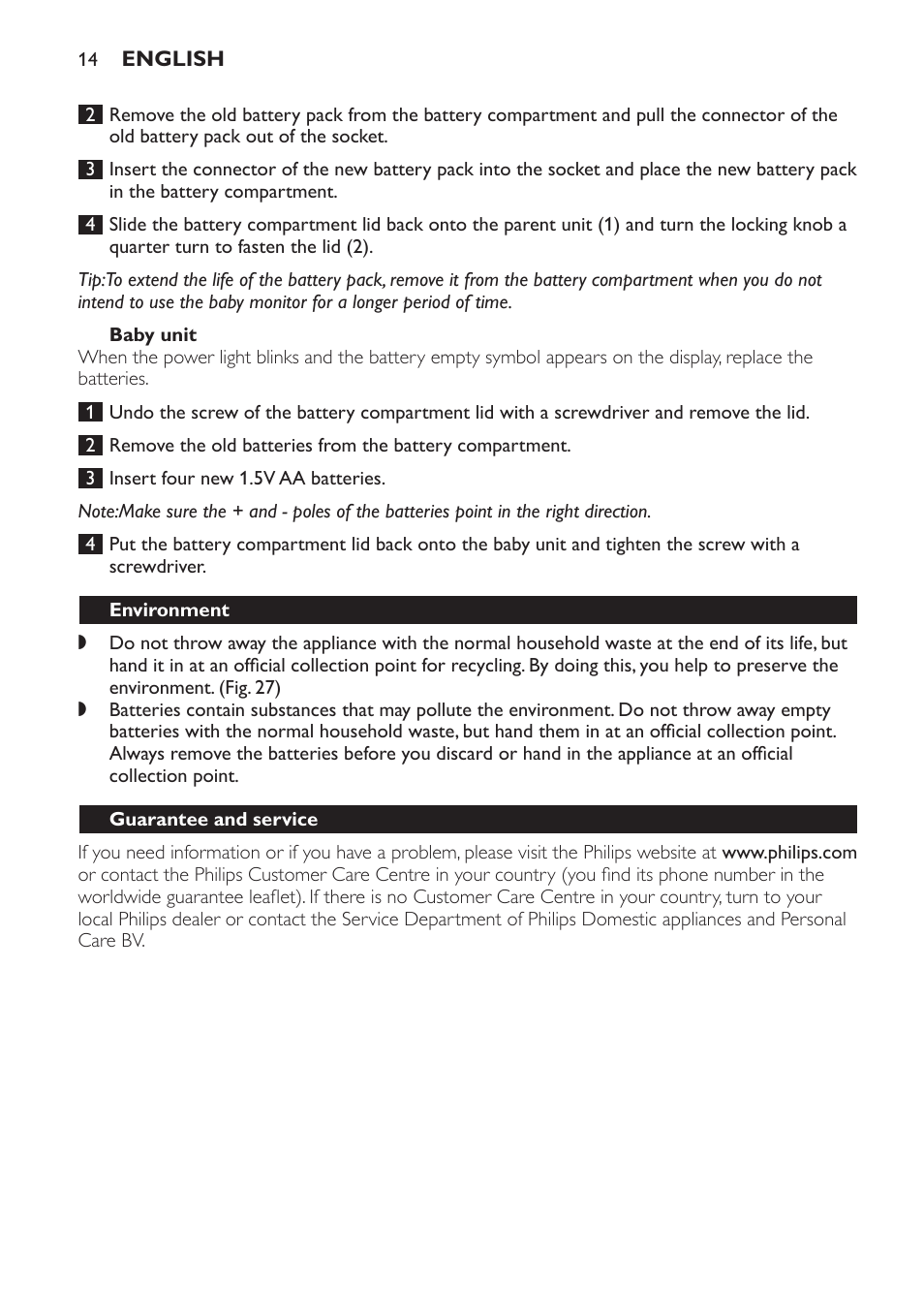 Baby unit, Environment, Guarantee and service | Frequently asked questions | Philips SCD 469 User Manual | Page 14 / 188