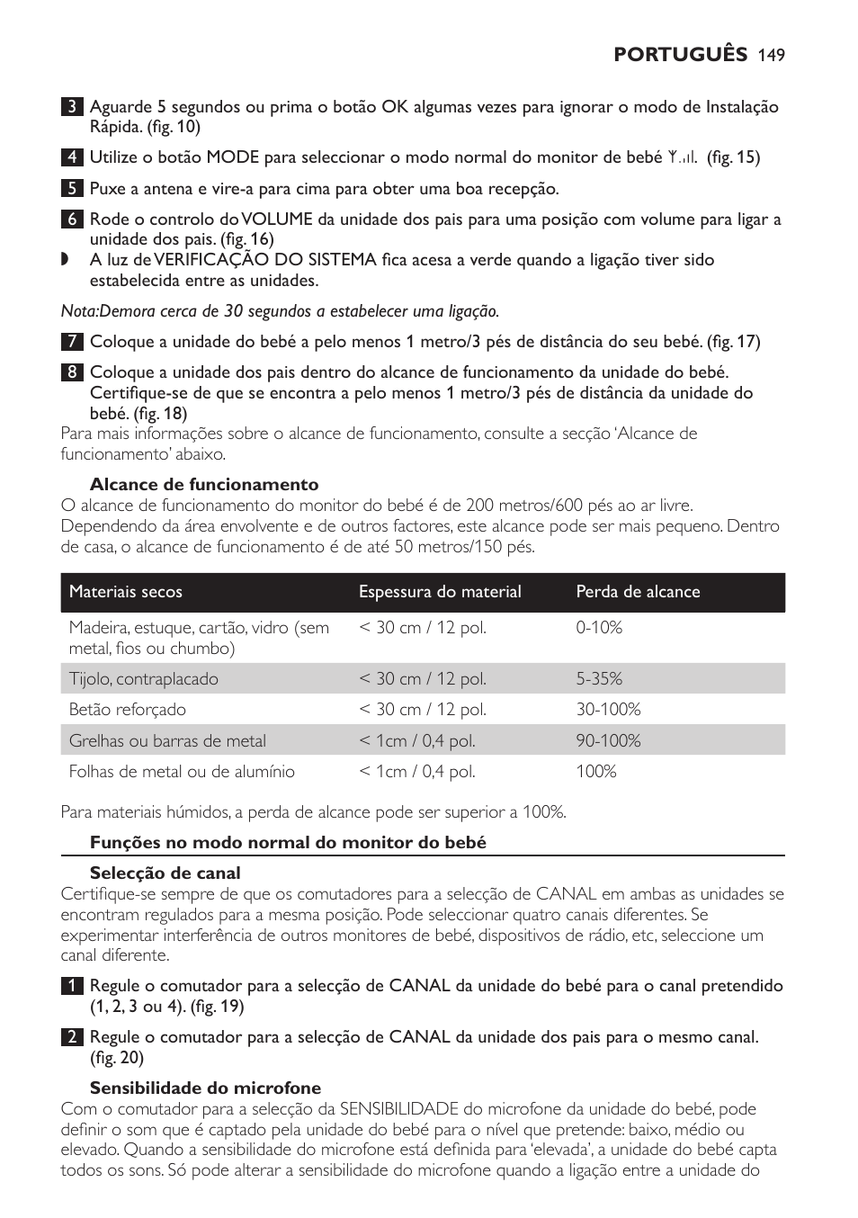Alcance de funcionamento, Funções no modo normal do monitor do bebé, Selecção de canal | Sensibilidade do microfone | Philips SCD 469 User Manual | Page 149 / 188