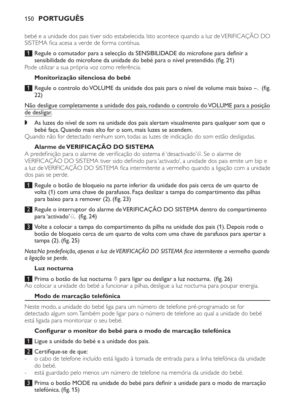 Monitorização silenciosa do bebé, Alarme de verificação do sistema, Luz nocturna | Modo de marcação telefónica | Philips SCD 469 User Manual | Page 150 / 188