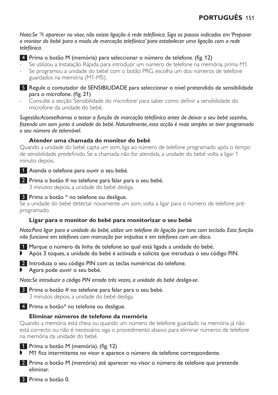 Atender uma chamada do monitor do bebé, Eliminar números de telefone da memória | Philips SCD 469 User Manual | Page 151 / 188