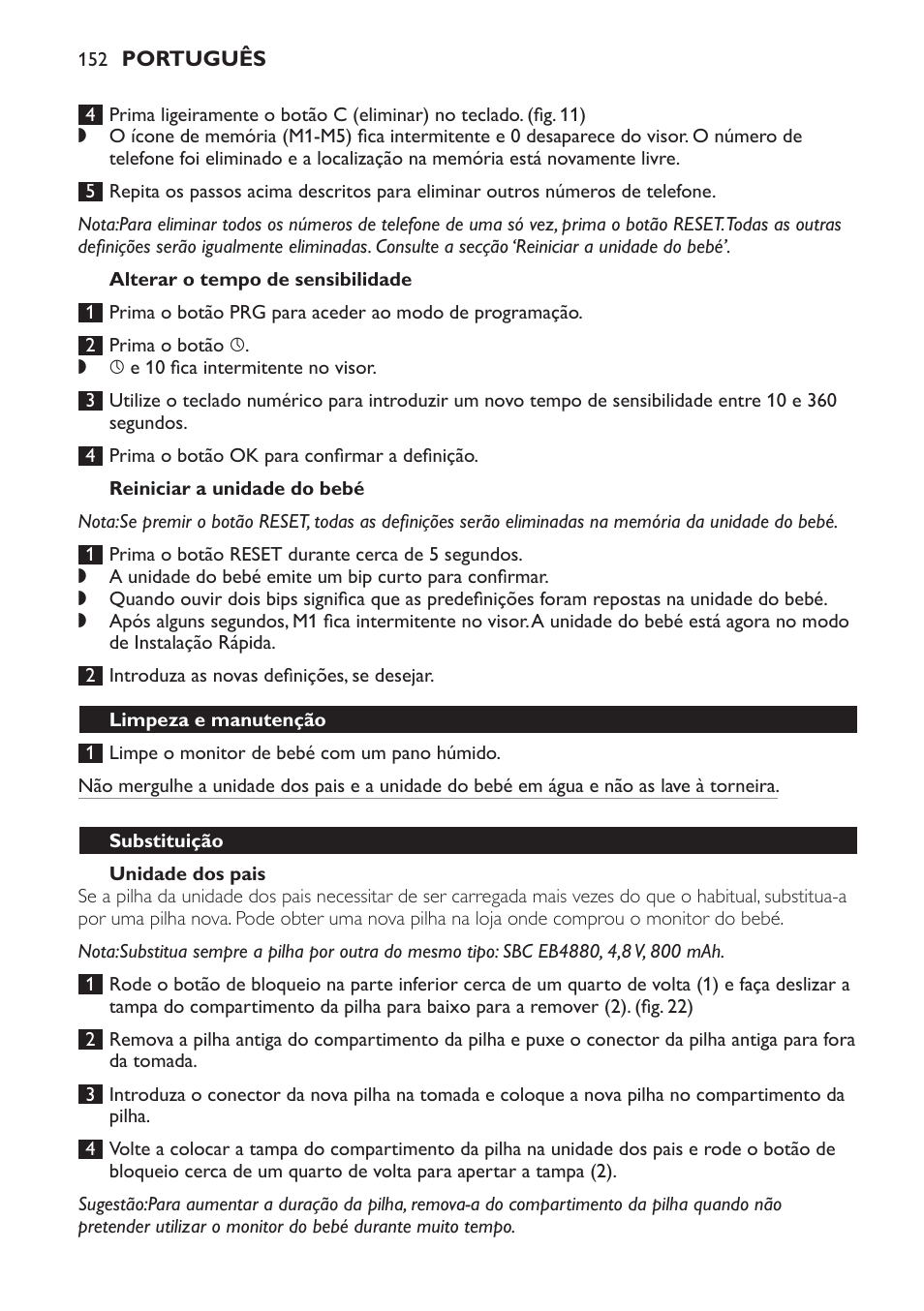 Alterar o tempo de sensibilidade, Reiniciar a unidade do bebé, Unidade dos pais | Unidade do bebé, Limpeza e manutenção, Substituição | Philips SCD 469 User Manual | Page 152 / 188