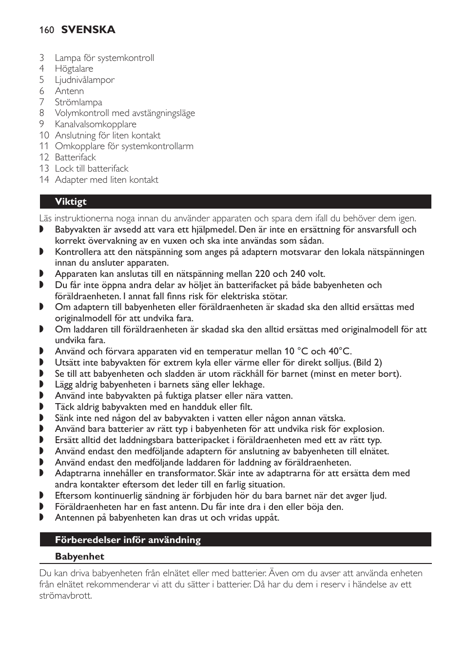 Viktigt, Förberedelser inför användning, Babyenhet | Elnätsdrift | Philips SCD 469 User Manual | Page 160 / 188