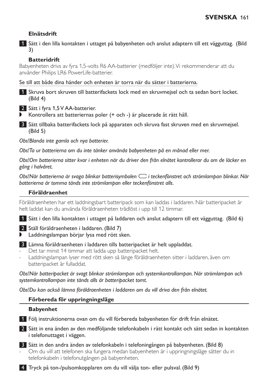 Batteridrift, Föräldraenhet, Förbereda för uppringningsläge | Babyenhet | Philips SCD 469 User Manual | Page 161 / 188