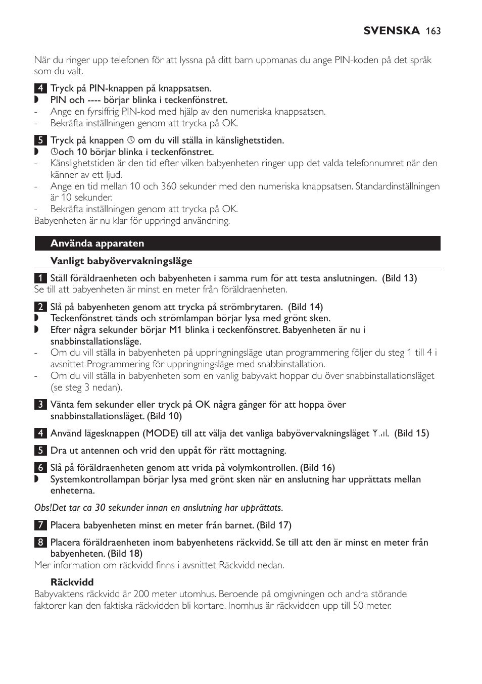 Använda apparaten, Vanligt babyövervakningsläge, Räckvidd | Philips SCD 469 User Manual | Page 163 / 188