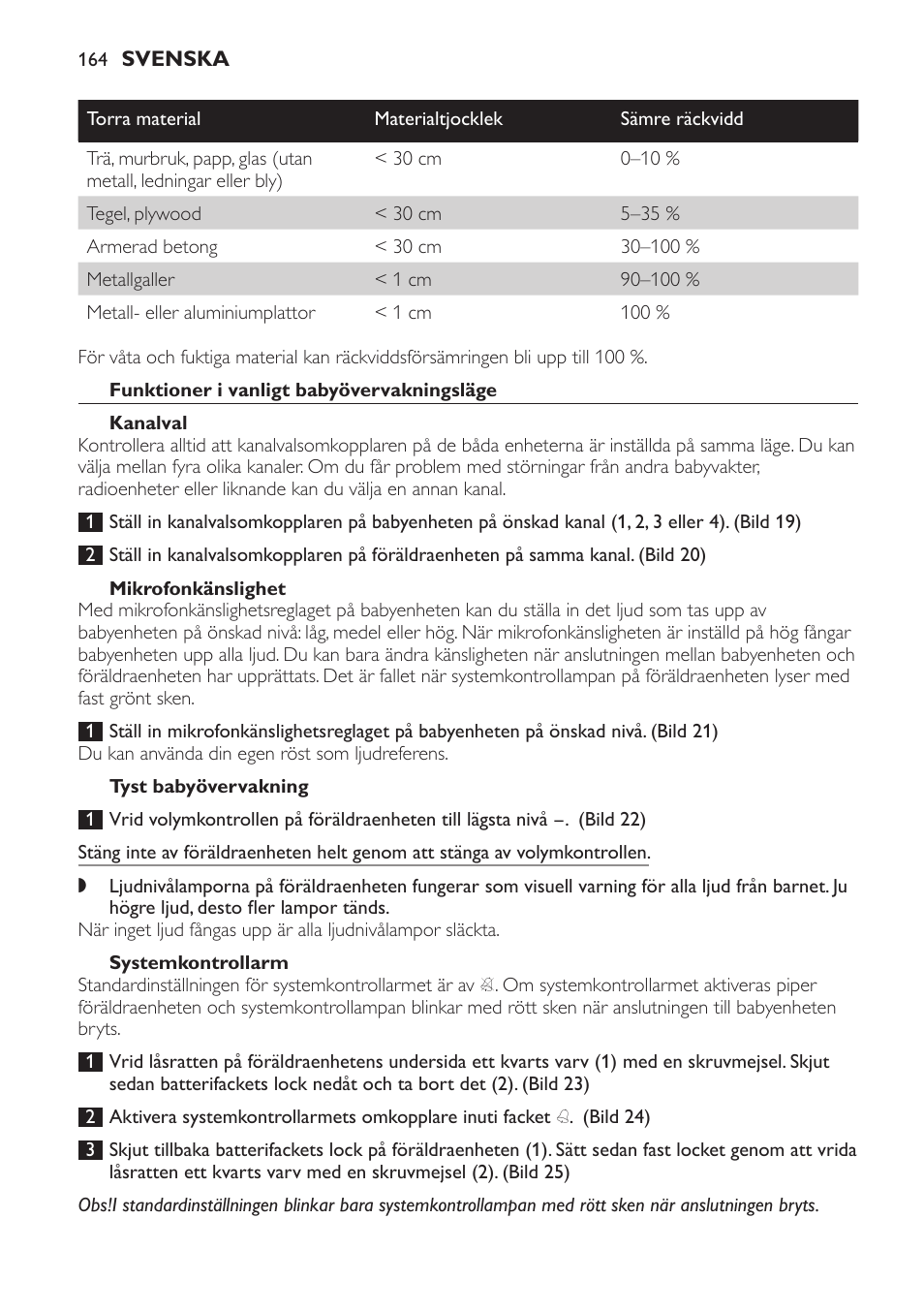 Funktioner i vanligt babyövervakningsläge, Kanalval, Mikrofonkänslighet | Tyst babyövervakning, Systemkontrollarm, Nattlampa | Philips SCD 469 User Manual | Page 164 / 188